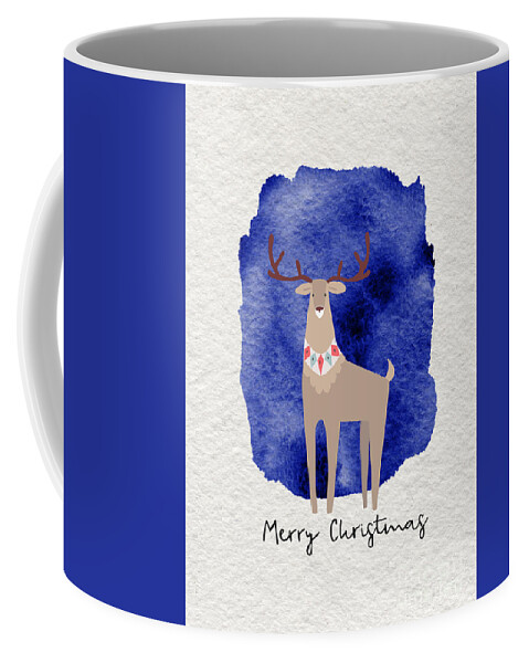 Merry Christmas Coffee Mug featuring the painting Merry Christmas Blue Watercolor Deer by Modern Art