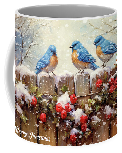 Bluebirds Coffee Mug featuring the painting Merry Christmas Bluebirds by Tina LeCour