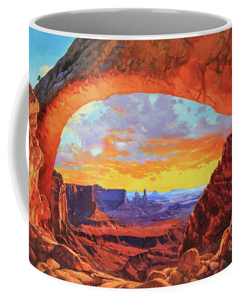 Mesa Arch Sunrise Canyonlands National Park Moab Utah Landscape Mountains Nature Southwest Sun Rise Southern South West Canyon Rock Stone Formation Glows Red Sun Burst Utah's National Park Artist Gary Kim Large Wall Canvas Print Oil Painting Mural Art Red Brown Desert Arid Butte Dawn Morning Remote Beauty Sunburst Rays Sunlight Glowing Rocks Nature Impressionist Traditional Realist Valley Warm Arches Canvas Print Framed Print Poster Metal Prints Acrylic Print Wood Print Greeting Card Sticker Coffee Mug featuring the painting Mesa Arch Sunrise 1 by Gary Kim