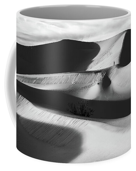American Landscape Coffee Mug featuring the photograph Lone Hiker on Dunes bw by Jonathan Nguyen
