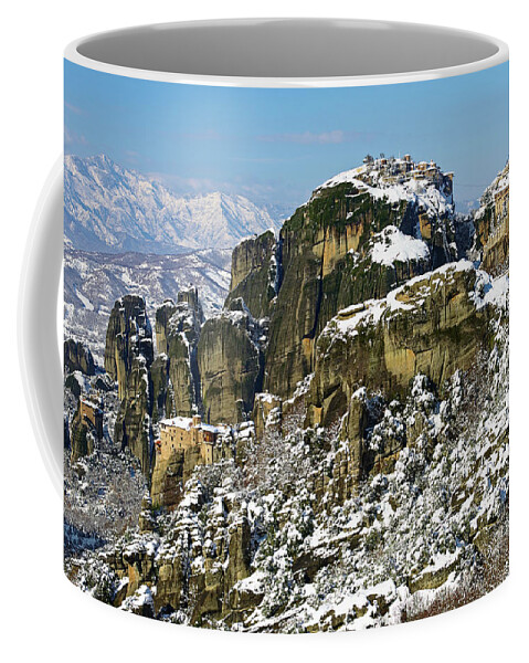 Meteora Coffee Mug featuring the photograph Meteora Monasteries in Winter by Sean Hannon