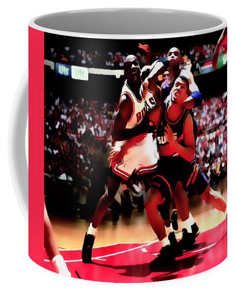 Michael Jordan Coffee Mug featuring the mixed media Michael Jordan Battle in the Paint by Brian Reaves