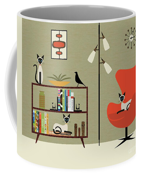 Mid Century Modern Coffee Mug featuring the digital art Mid Century Bookcase Room with Siamese by Donna Mibus
