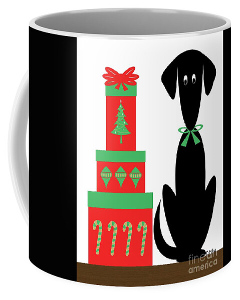 Mid Century Modern Coffee Mug featuring the digital art Mid Century Holiday Dog with Presents by Donna Mibus