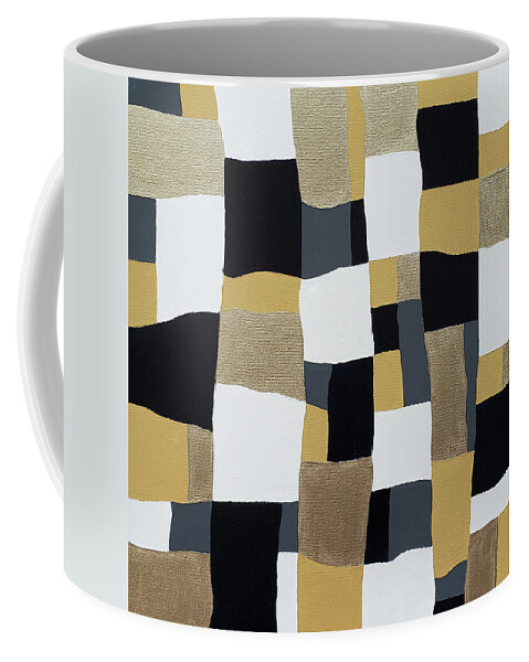 Lynnie Lang Coffee Mug featuring the painting Mid Century Mod Abstract Squares Metallic Gold Navy Blue Mustard Ivory by Lynnie Lang