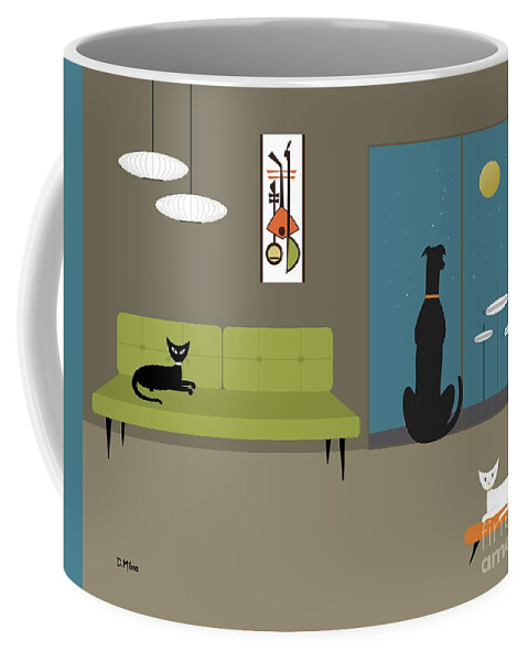 Mid Century Modern Coffee Mug featuring the digital art Mid Century Room with Dog and Cats by Donna Mibus