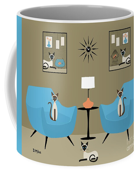 Siamese Cat Coffee Mug featuring the digital art Mid Century Room with Siamese Cats by Donna Mibus