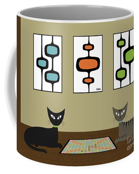 Mid Century Modern Coffee Mug featuring the digital art Mid Century Scrabble Cats by Donna Mibus