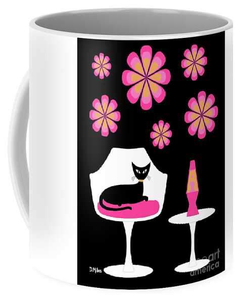 Mid Century Cat Coffee Mug featuring the digital art Mid Century Tulip Chair with Pink Mod Flowers by Donna Mibus