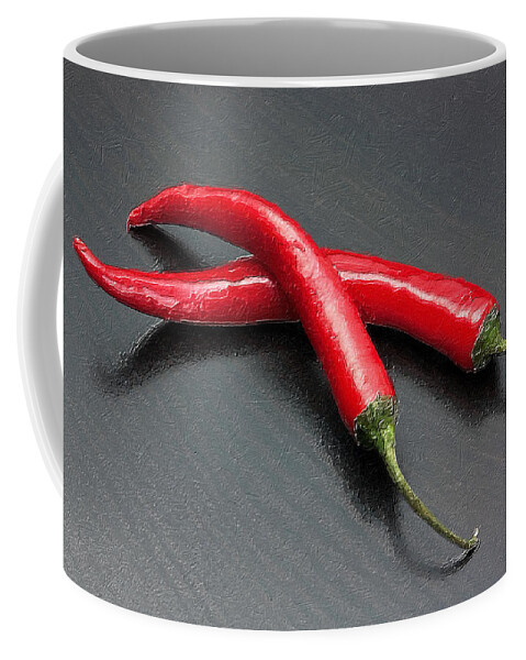 Spices Coffee Mug featuring the painting Mild Medium Hot Fire Breathing Red Chili Peppers by Tony Rubino