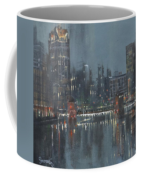 Milwaukee Coffee Mug featuring the painting Milwaukee Riverwalk by Tom Shropshire