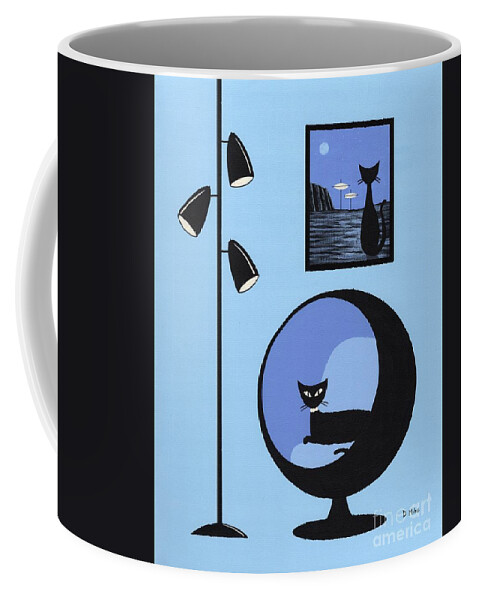 Mid Century Modern Black Cat Coffee Mug featuring the mixed media Mini Space Cat Black Ball Chair by Donna Mibus