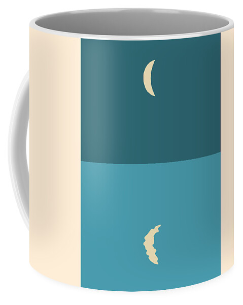 Moon Coffee Mug featuring the mixed media Minimal Crescent Moon Reflection - Modern, Contemporary Abstract Print - Zen, Contemplative - Blue by Studio Grafiikka