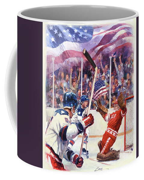 Dennis Lyall Coffee Mug featuring the painting Miracle On Ice - USA Olympic Hockey Wins Over USSR by Dennis Lyall