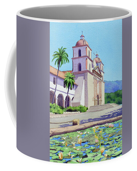 Mission Coffee Mug featuring the painting Mission Santa Barbara by Mary Helmreich