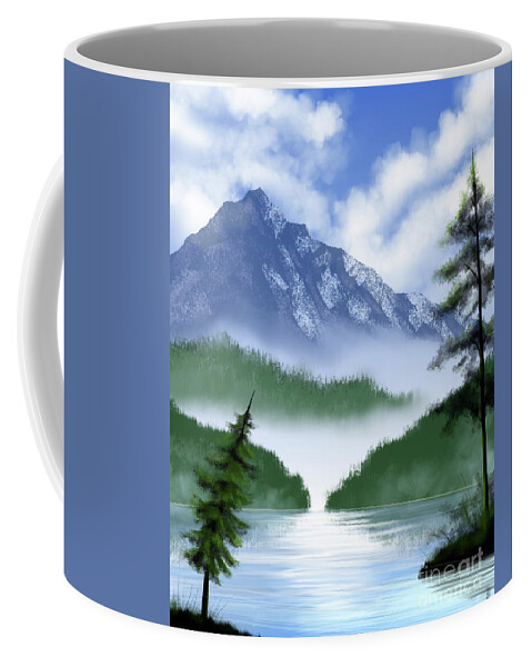 Landscape Coffee Mug featuring the digital art Misty Forest Lake by Rohvannyn Shaw
