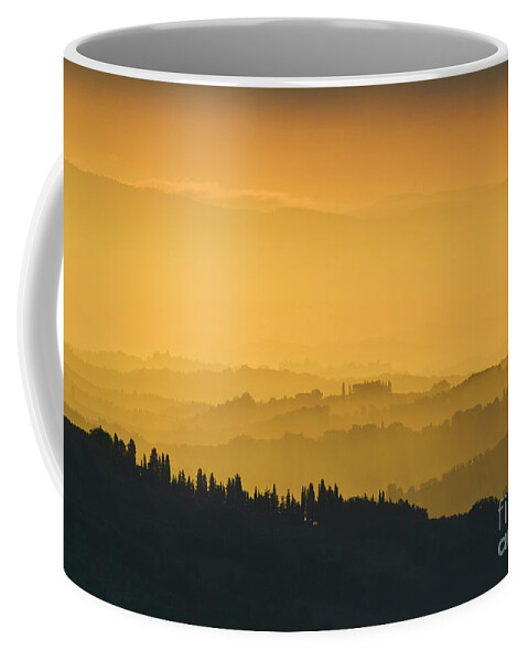 Tuscany Landscape Coffee Mug featuring the photograph Misty morning sunrise, Tuscany, Italy by Neale And Judith Clark
