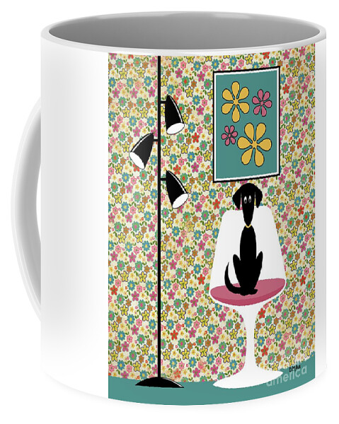 Mid Century Modern Coffee Mug featuring the digital art Mod Floral Wallpaper with Dog by Donna Mibus