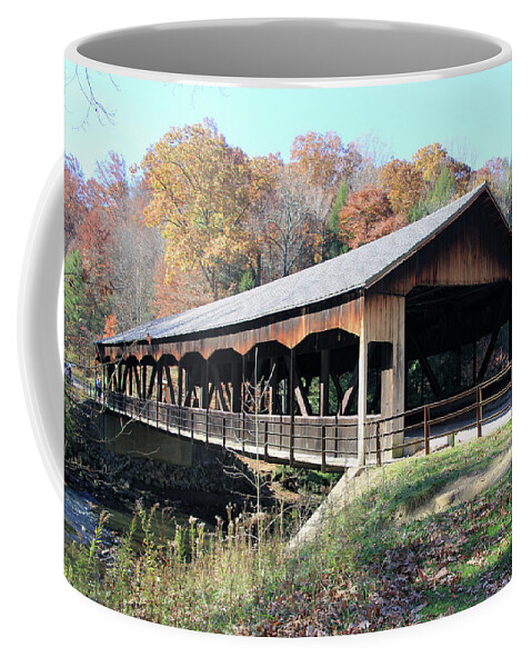 Mohican Covered Bridge Coffee Mug featuring the photograph Mohican Covered Bridge in Autumn by Linda Goodman