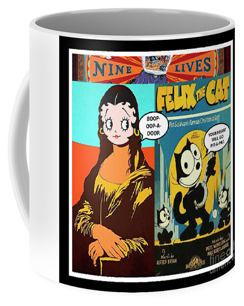 Mona Lisa Coffee Mug featuring the mixed media Mona Lisa - Betty Boop - Felix the Cat Print - Mixed Media Record Albums Pop Art Collage by Steven Shaver