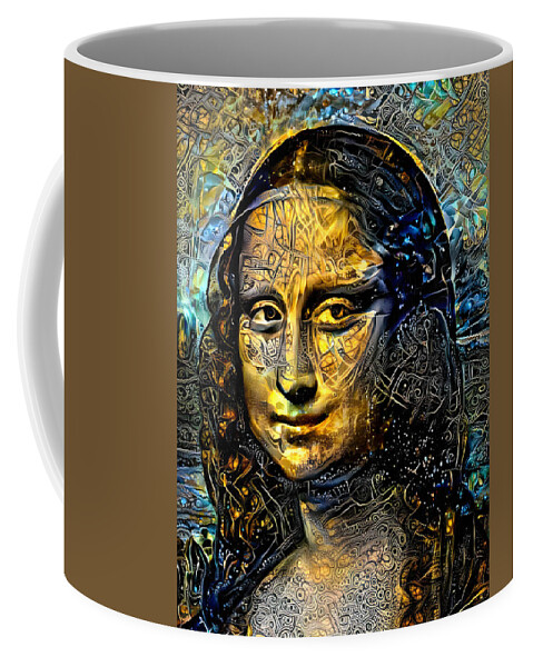Mona Lisa Coffee Mug featuring the digital art Mona Lisa by Leonardo da Vinci - golden night design by Nicko Prints