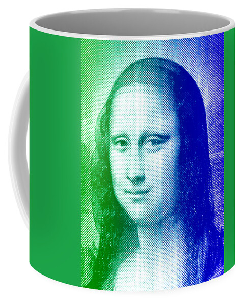 Mona Lisa Coffee Mug featuring the digital art Mona Lisa - green and blue halftone pattern by Nicko Prints