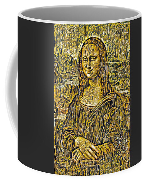 Mona Lisa Coffee Mug featuring the digital art Mona Lisa in the cubist style with small shapes - digital recreation by Nicko Prints