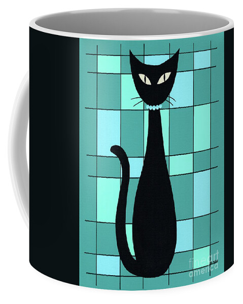 Mid Century Modern Cat Coffee Mug featuring the painting Mondrian Cat in Blue, Green and Teal by Donna Mibus
