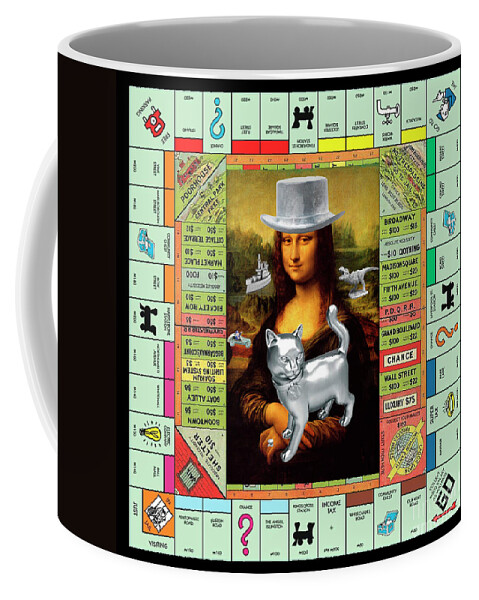 Mona Lisa Coffee Mug featuring the mixed media Monopolisa - Mixed Media Pop Art Collage of Mona Lisa on Old Monopoly Gameboard by Steven Shaver