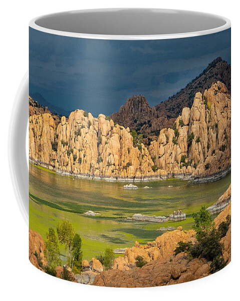 Fall Colors Granite Dells Boulders Water Lake Revivor Fstop101 Prescott Arizona Red Blue Colorful Rock Dark Clouds Summer Monsoon Storm Green Coffee Mug featuring the photograph Monsoon Storm Approaching the Granite Dells #1 by Geno