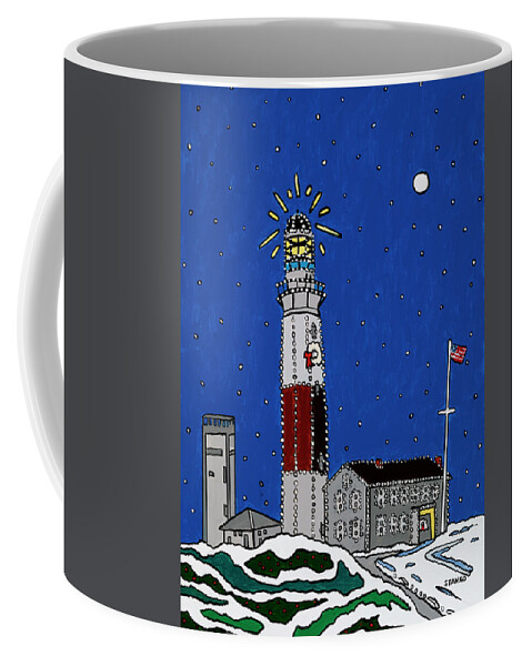 Montauk Lighthouse Christmas Coffee Mug featuring the painting Montauk Christmas Lights by Mike Stanko