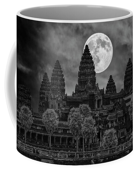 Cambodia Coffee Mug featuring the photograph Moon Over Angkor Wat Temples Black White by Chuck Kuhn
