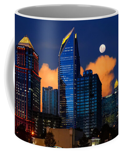 Charlotte Coffee Mug featuring the digital art Moon over Uptown Charlotte by SnapHappy Photos