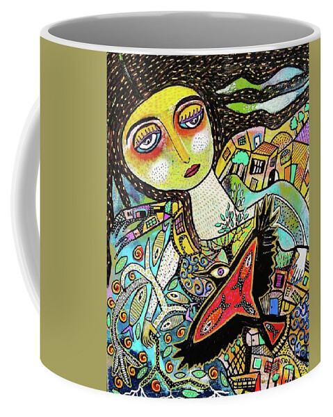 The Moon Crow Seizes Twilight Coffee Mug featuring the painting The Moon Crow Seizes Twilight by Sandra Silberzweig