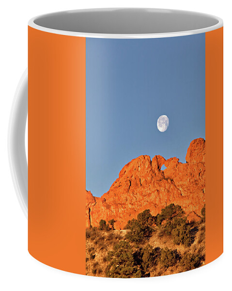 Moon Coffee Mug featuring the photograph Moonset over Kissing Camels by Bob Falcone