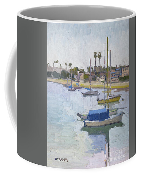Boats Coffee Mug featuring the painting Moored on Santa Barbara Cove - Mission Beach, San Diego, California by Paul Strahm