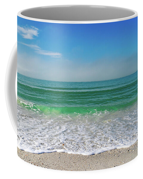 Color Image  Horizontal  St Pete Beach ×overcast ×morning ×beach ×gulf Of Mexico ×sand ×tranquility ×sea ×seascape ×florida - Usa State × ×water ×photography ×seagull ×no People ×scenics - Nature ×coastline ×sky ×nature ×cloud - Sky ×travel ×travel Destinations × Coffee Mug featuring the photograph Morning Beach Wave by Marian Tagliarino