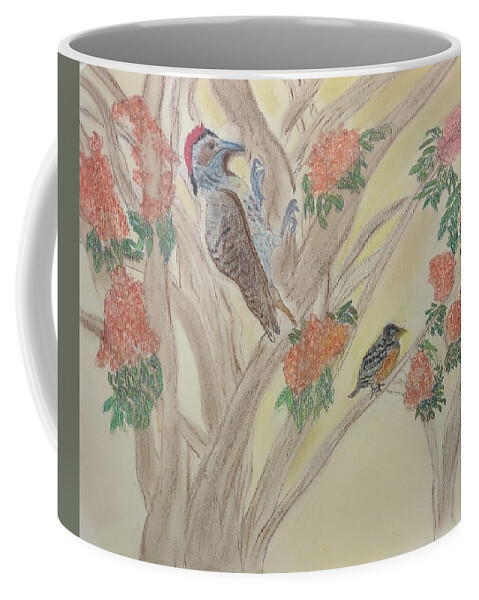 Woodpecker Coffee Mug featuring the pastel Morning Sounds by Suzanne Berthier