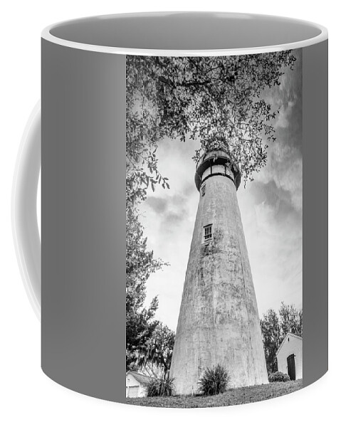 Black Coffee Mug featuring the photograph Mossy Trees around the Amelia Island Lighthouse Black and White by Debra and Dave Vanderlaan
