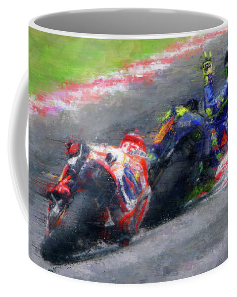 Motorcycle Coffee Mug featuring the painting MOTO GP Rossi vs Marquez by Vart by Vart