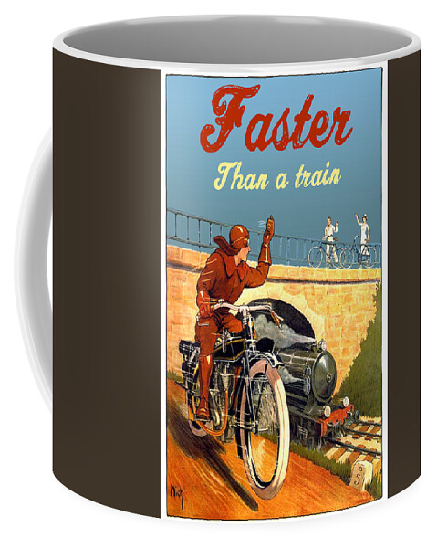 Motorcycle Coffee Mug featuring the digital art Motorcycle Faster Than Train by Long Shot