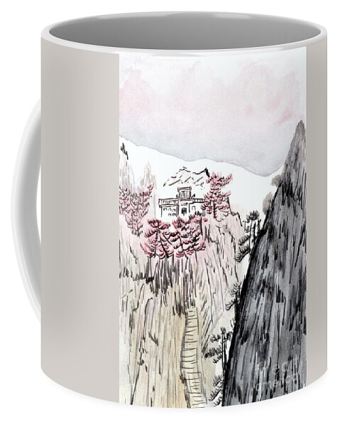 Asian Art Coffee Mug featuring the painting Mountain Asian House Watercolor by Donna Mibus