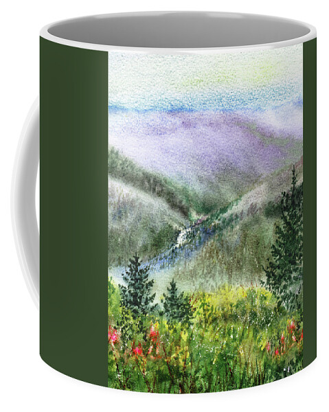 Hills Coffee Mug featuring the painting Mountain Creek Between Rolling Hills And Pine Forest by Irina Sztukowski