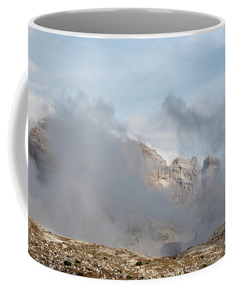 Italian Alps Coffee Mug featuring the photograph Mountain landscape with fog in autumn. Tre Cime dolomiti Italy. by Michalakis Ppalis