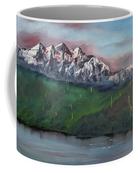 Mountains Coffee Mug featuring the painting Mountain Majesty by Evelyn Snyder