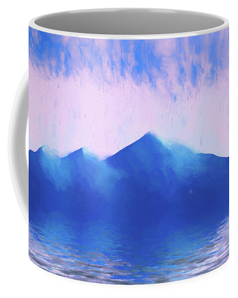 Blue Mountains Coffee Mug featuring the digital art Mountain Scene with Rain and Ocean by Alison Frank