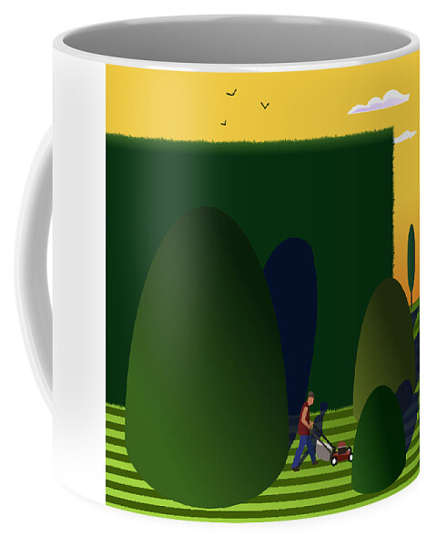 Surrounded By A Huge Hedge And Tall Shrubs Coffee Mug featuring the digital art Mowing the lawn. by Fatline Graphic Art