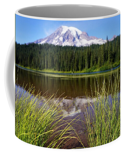 Mt Rainier Coffee Mug featuring the photograph Mt Rainier Reflected with Reeds by Peter Mooyman