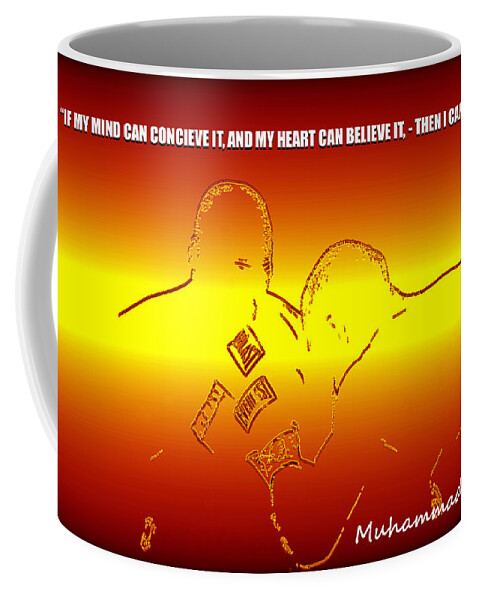 Muhammad Ali Coffee Mug featuring the digital art Muhammad Ali quote and artwork by David Lee Thompson