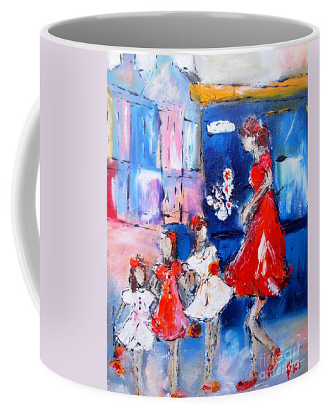 Family Paintings Coffee Mug featuring the painting Paintings Of Mum And Girls Go Shopping In Galway by Mary Cahalan Lee - aka PIXI
